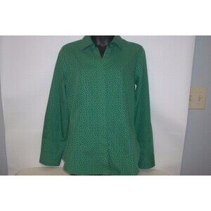 CHICO'S NO IRON HIDDEN BUTTON GREEN DIAMOND PRINT SHIRT SZ 0 (S)   LONG SLEEVE